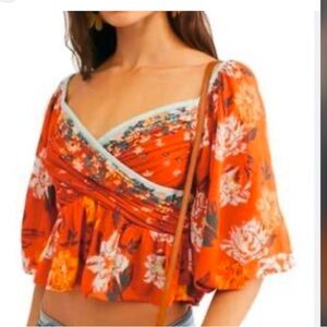 Free People Vibrant Orange Floral Top